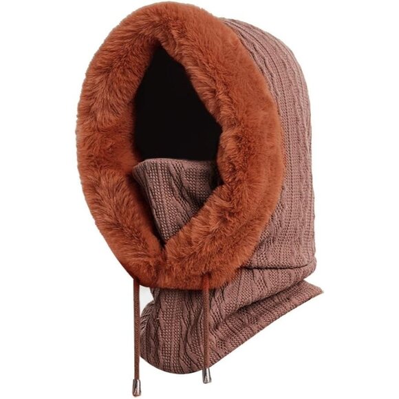 Women Coffee Polyester Warm Thick Fluff Beanie Adult Neck Face Winter Balaclava - Picture 1 of 7